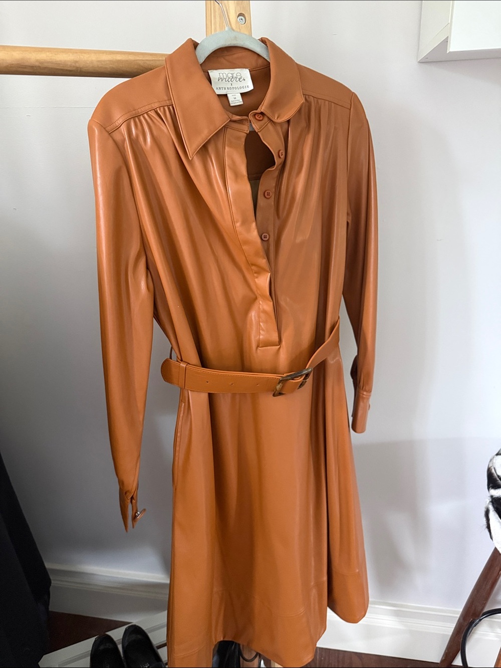 Anthropologie Faux Leather Long-Sleeve Shirt Dress in Camel Brown